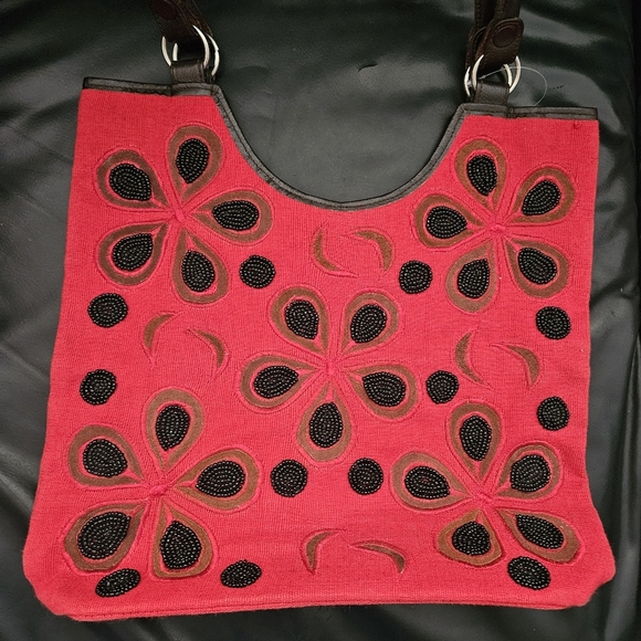 Vintage Handmade Beaded Floral Embroidered Red Tote Bag - Picture 2 of 11